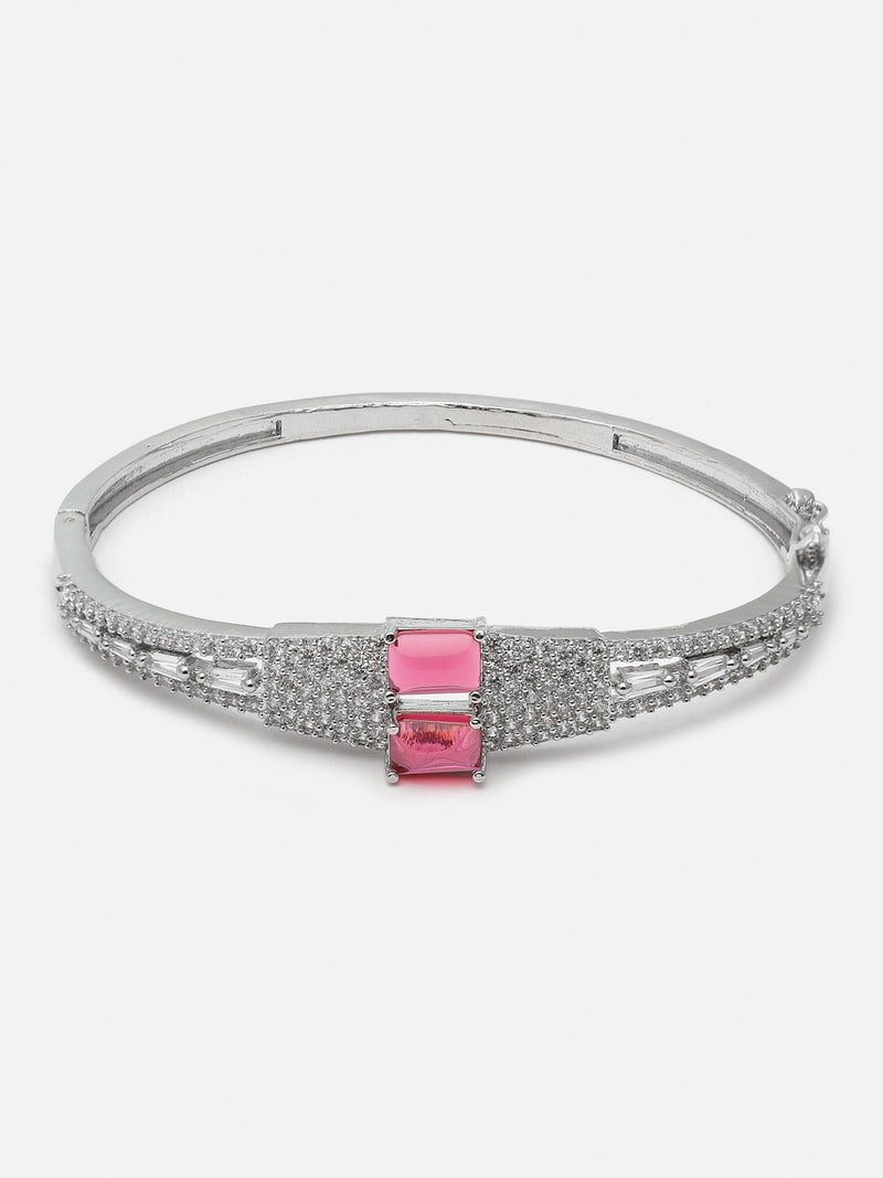 Rhodium-Plated Red Square Shape American Diamond Studded Kada Bracelet