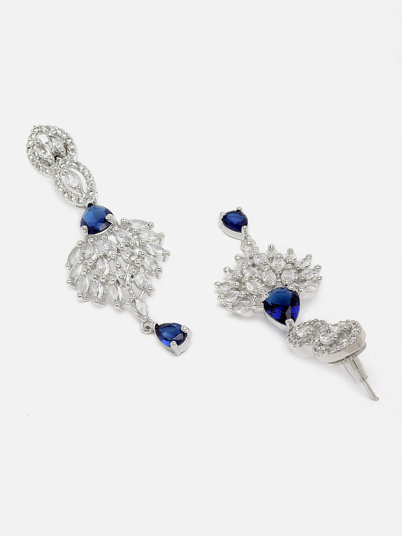 Rhodium-Plated Silver Toned Navy Blue & White American Diamond studded Spiked Shaped Drop Earrings