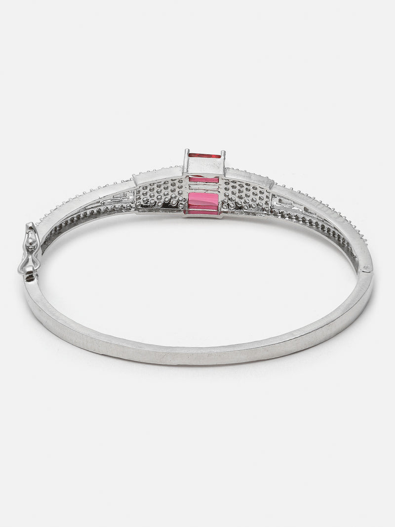 Rhodium-Plated Red Square Shape American Diamond Studded Kada Bracelet