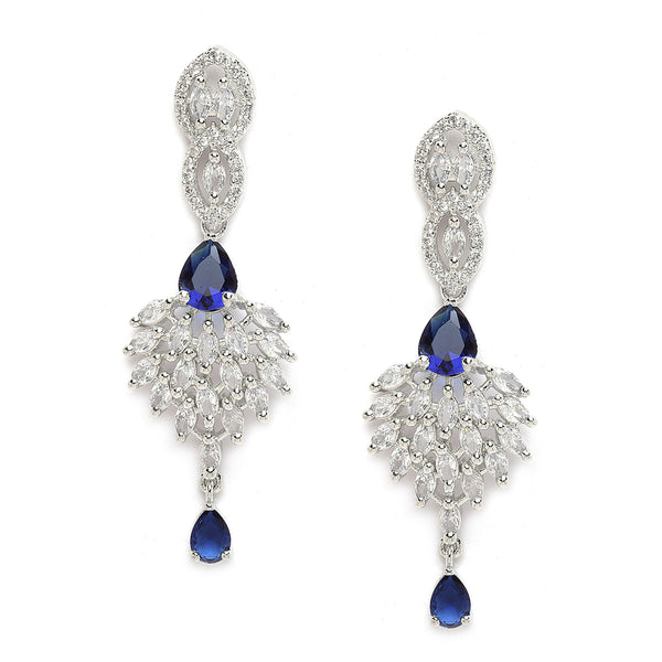 Rhodium-Plated Silver Toned Navy Blue & White American Diamond studded Spiked Shaped Drop Earrings