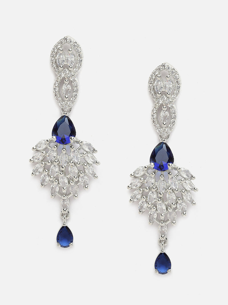 Rhodium-Plated Silver Toned Navy Blue & White American Diamond studded Spiked Shaped Drop Earrings