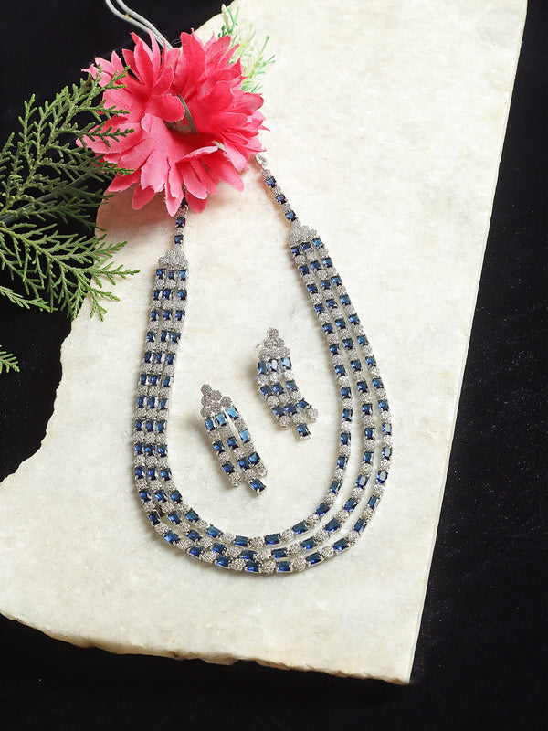 Rhodium-Plated Navy Blue American Diamond Studded Layered Necklace & Earrings Jewellery Set