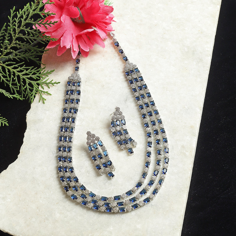 Rhodium-Plated Navy Blue American Diamond Studded Layered Necklace & Earrings Jewellery Set