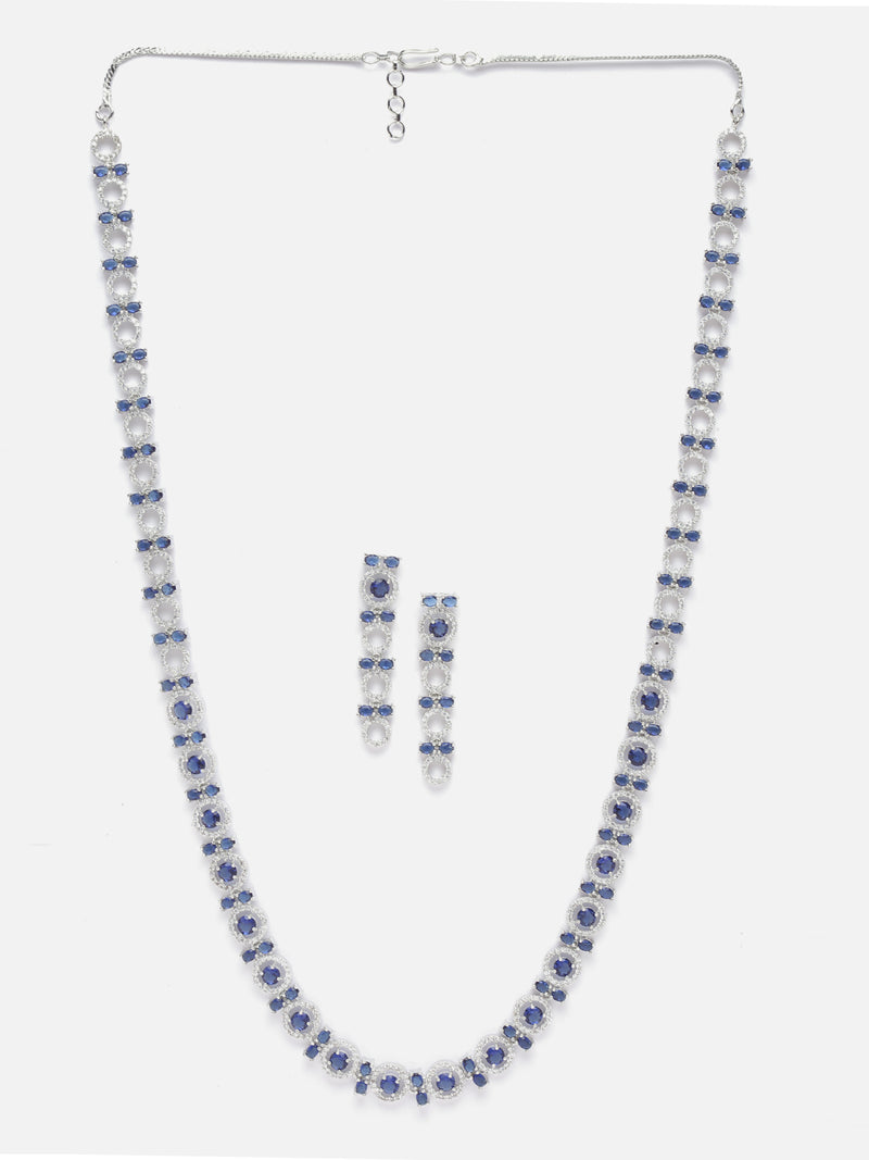 Rhodium-Plated Silver Toned Circular Navy Blue American Diamond Long Necklace with Earrings Jewellery Set