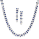 Rhodium-Plated Silver Toned Circular Navy Blue American Diamond Long Necklace with Earrings Jewellery Set