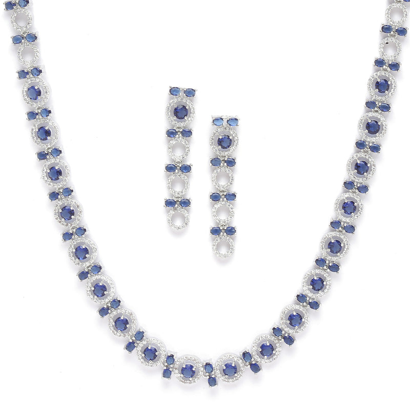 Rhodium-Plated Silver Toned Circular Navy Blue American Diamond Long Necklace with Earrings Jewellery Set