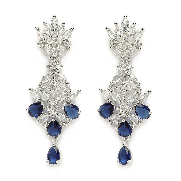 Rhodium-Plated Silver Toned Navy Blue American Diamond studded Spiked Shaped Drop Earrings