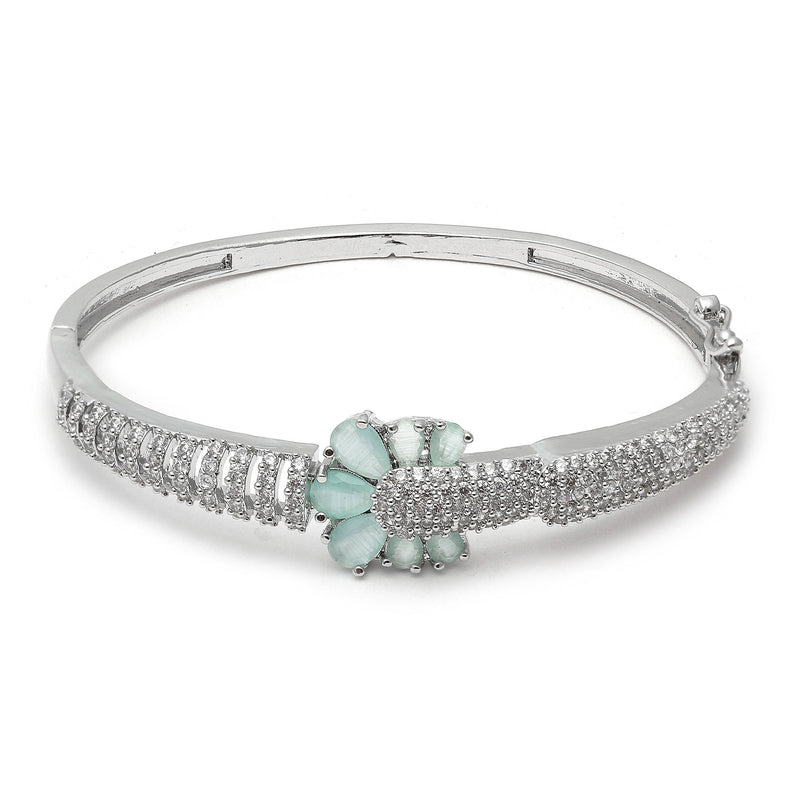 Rhodium-Plated Silver Toned Petal Shaped Sea Green American Diamond Studded Bracelet