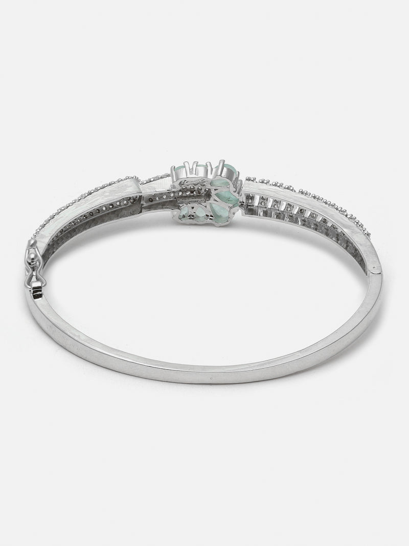 Rhodium-Plated Sea Green American Diamond Studded Floral Kada Bracelet