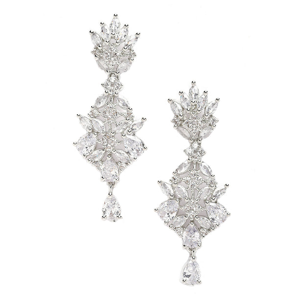 Rhodium-Plated Silver Toned White American Diamond studded Spiked Shaped Drop Earrings