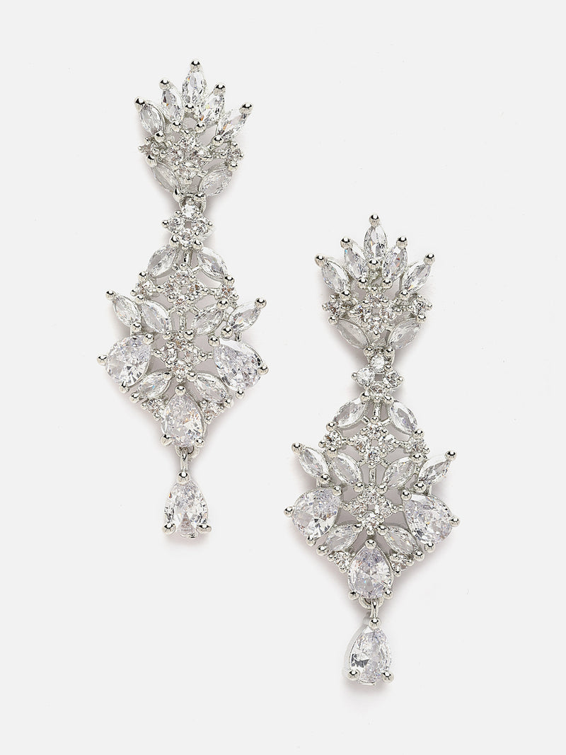 Rhodium-Plated Silver Toned White American Diamond studded Spiked Shaped Drop Earrings