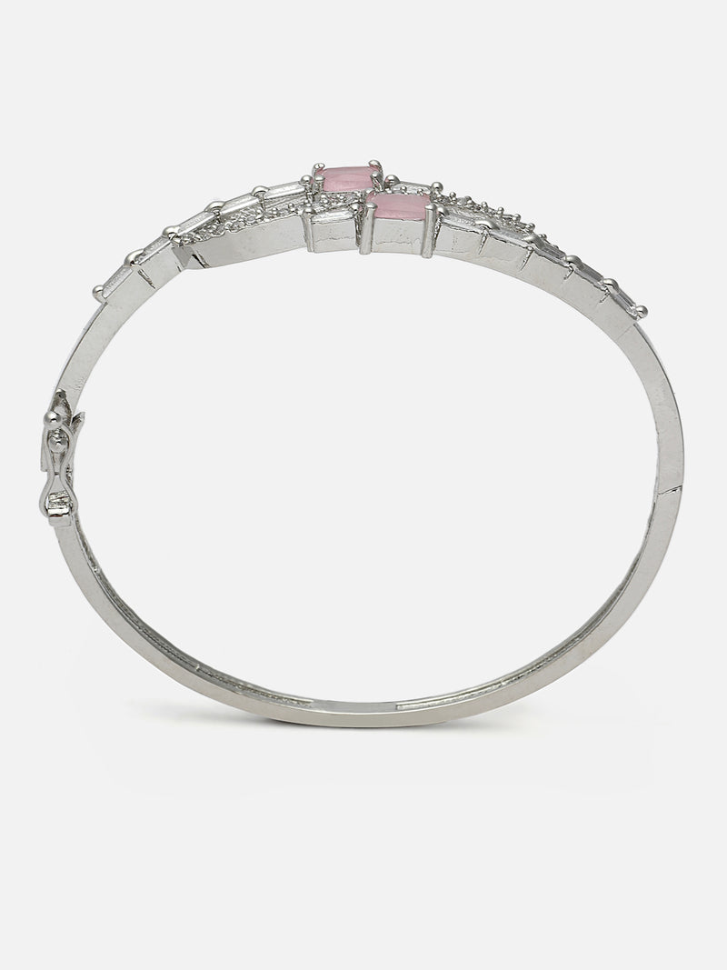 Rhodium-Plated Pink American Diamond Studded Kada Bracelet