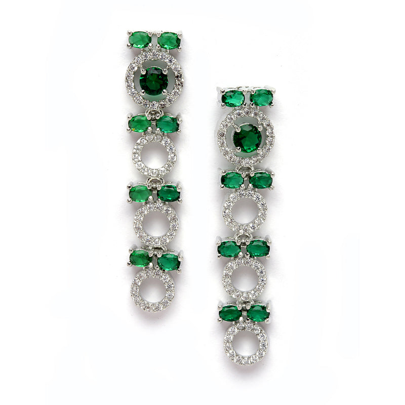 Rhodium-Plated Silver Toned Circular Green American Diamond Long Necklace with Earrings Jewellery Set
