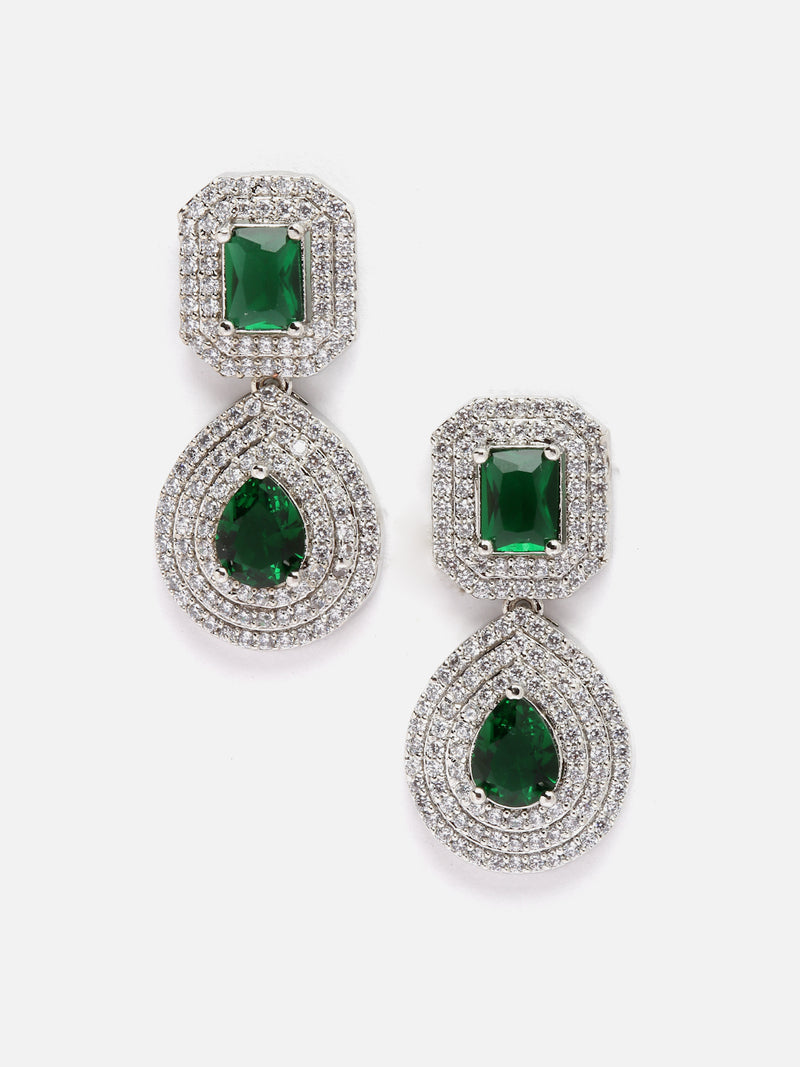 Rhodium-Plated Green & White American Diamond studded Square & Teardrop Shaped Drop Earrings