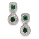 Rhodium-Plated Green & White American Diamond studded Square & Teardrop Shaped Drop Earrings