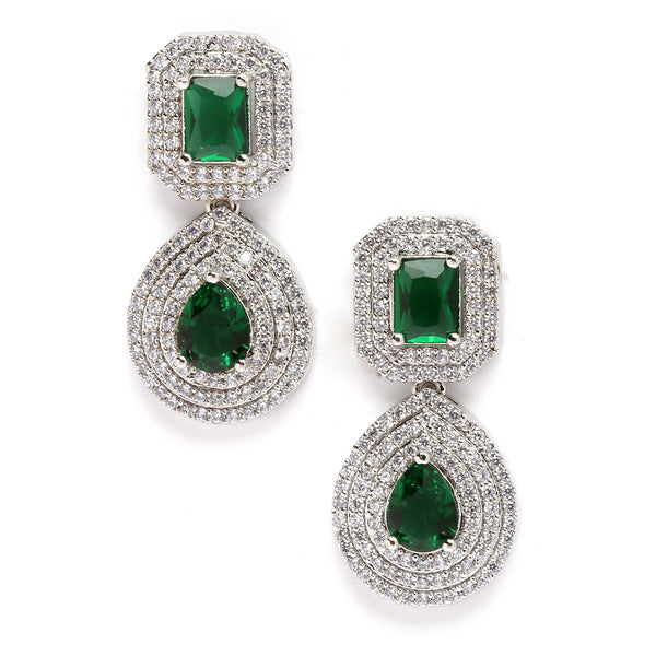 Rhodium-Plated Green & White American Diamond studded Square & Teardrop Shaped Drop Earrings