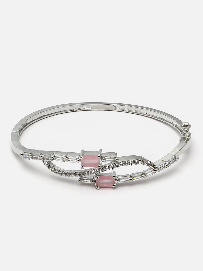 Rhodium-Plated Pink American Diamond Studded Kada Bracelet