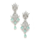 Rhodium-Plated Silver Toned Sea Green American Diamond studded Spiked Shaped Drop Earrings