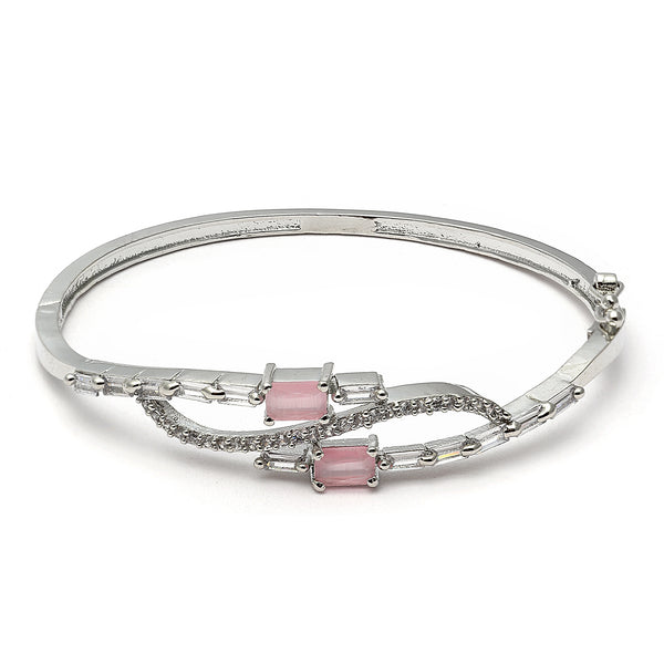 Rhodium-Plated Silver Toned Square  Pink American Diamond Studded Kada Bracelet