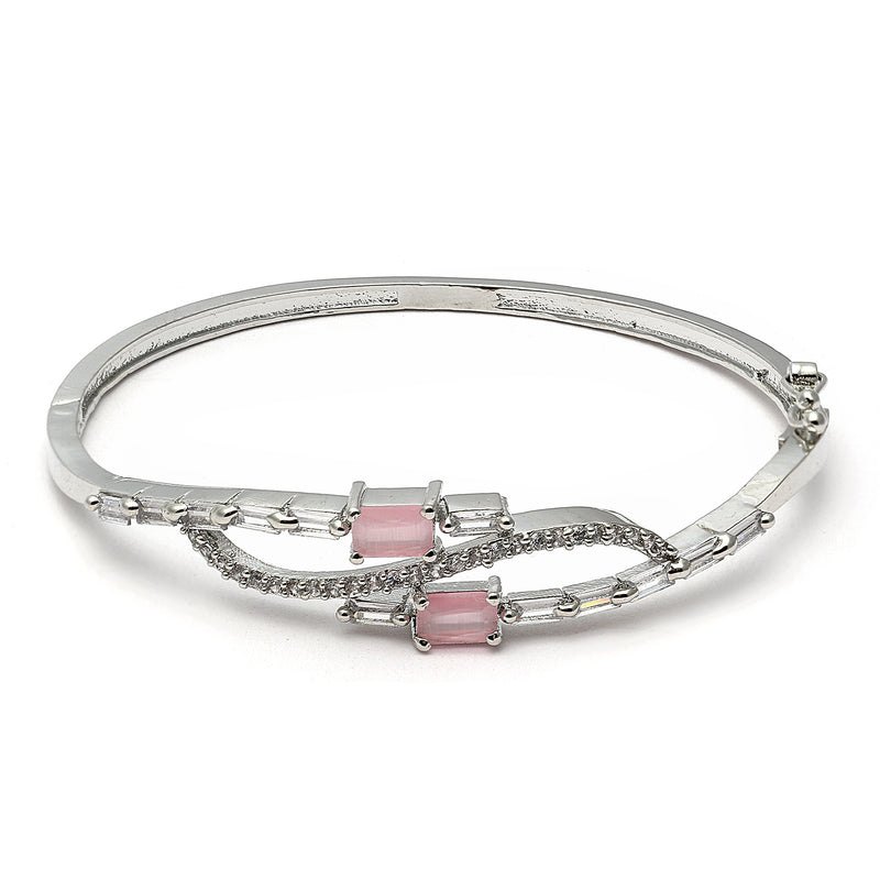 Rhodium-Plated Silver Toned Square  Pink American Diamond Studded Kada Bracelet