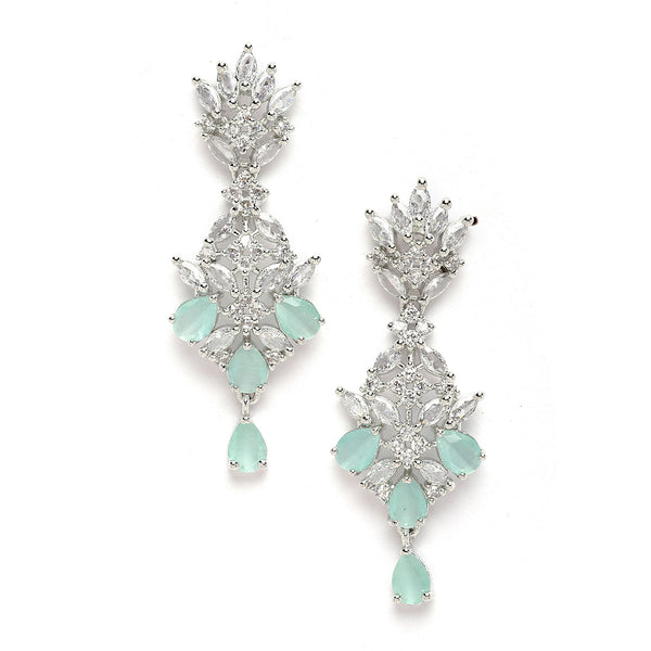 Rhodium-Plated Silver Toned Sea Green American Diamond studded Spiked Shaped Drop Earrings