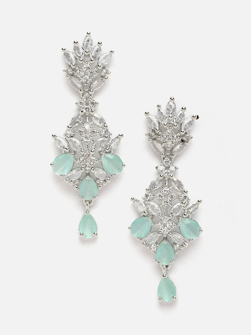 Rhodium-Plated Silver Toned Sea Green American Diamond studded Spiked Shaped Drop Earrings