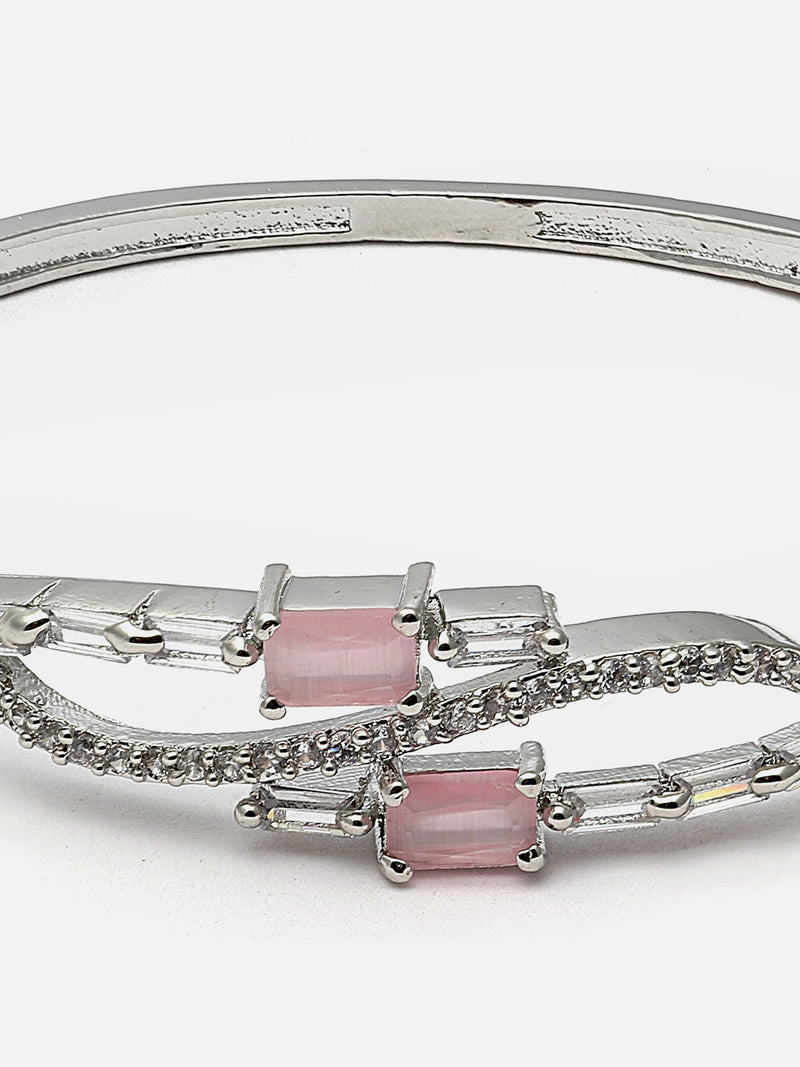 Rhodium-Plated Pink American Diamond Studded Kada Bracelet