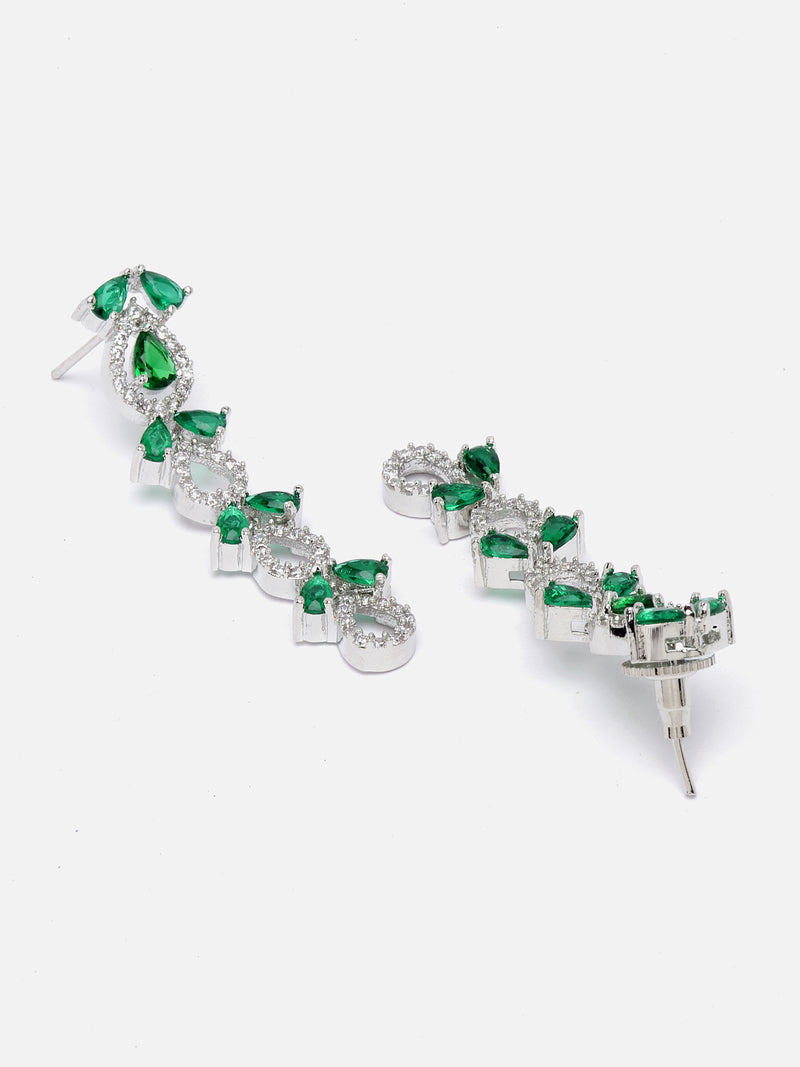 Rhodium-Plated Silver Toned Leaf Green American Diamond Studded Long Necklace with Drop Earrings Jewellery Set