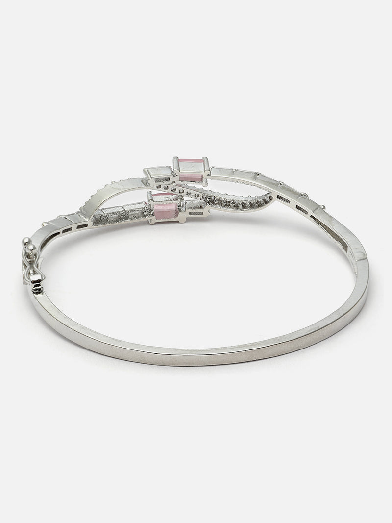 Rhodium-Plated Pink American Diamond Studded Kada Bracelet