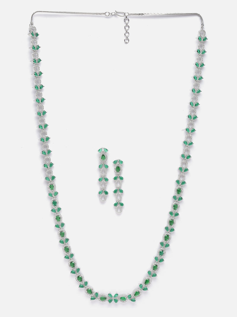 Rhodium-Plated Silver Toned Leaf Green American Diamond Studded Long Necklace with Drop Earrings Jewellery Set