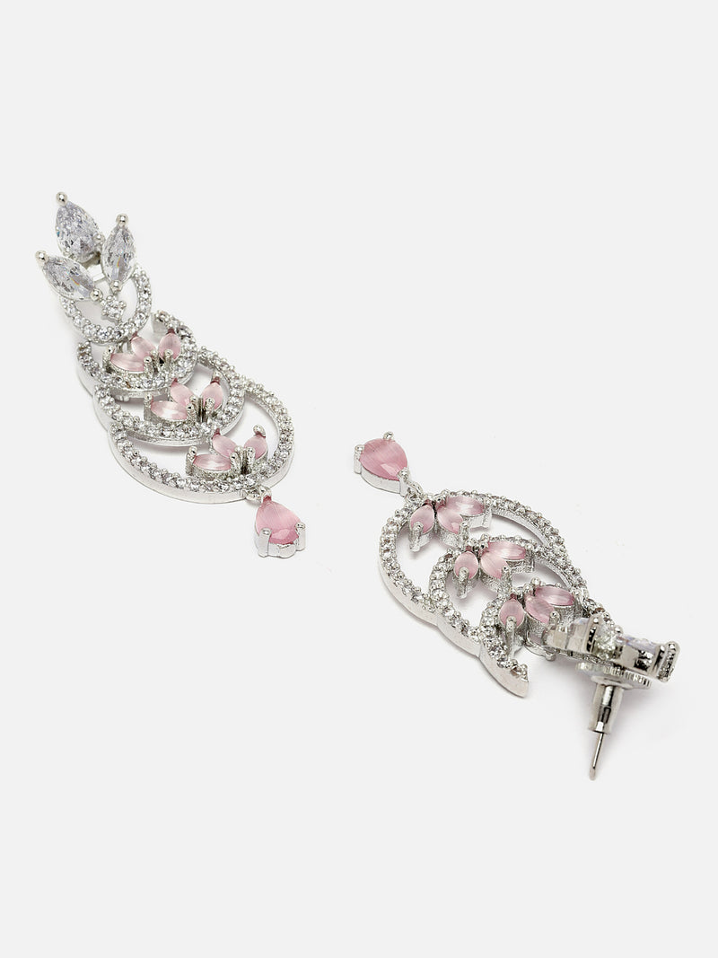 Rhodium-Plated Silver Toned Pink & White American Diamond studded Crescent Shaped Drop Earrings