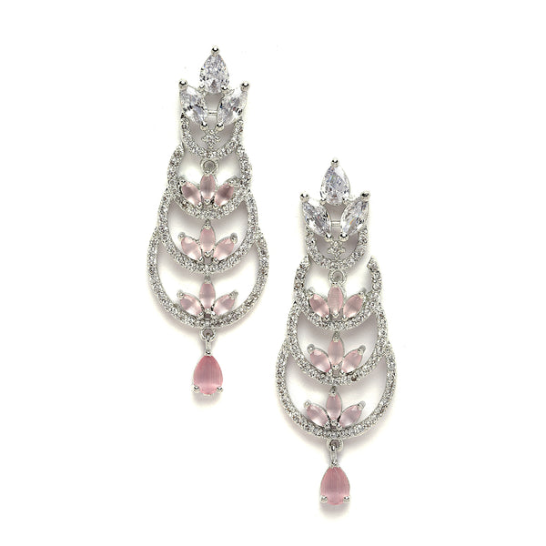 Rhodium-Plated Silver Toned Pink & White American Diamond studded Crescent Shaped Drop Earrings