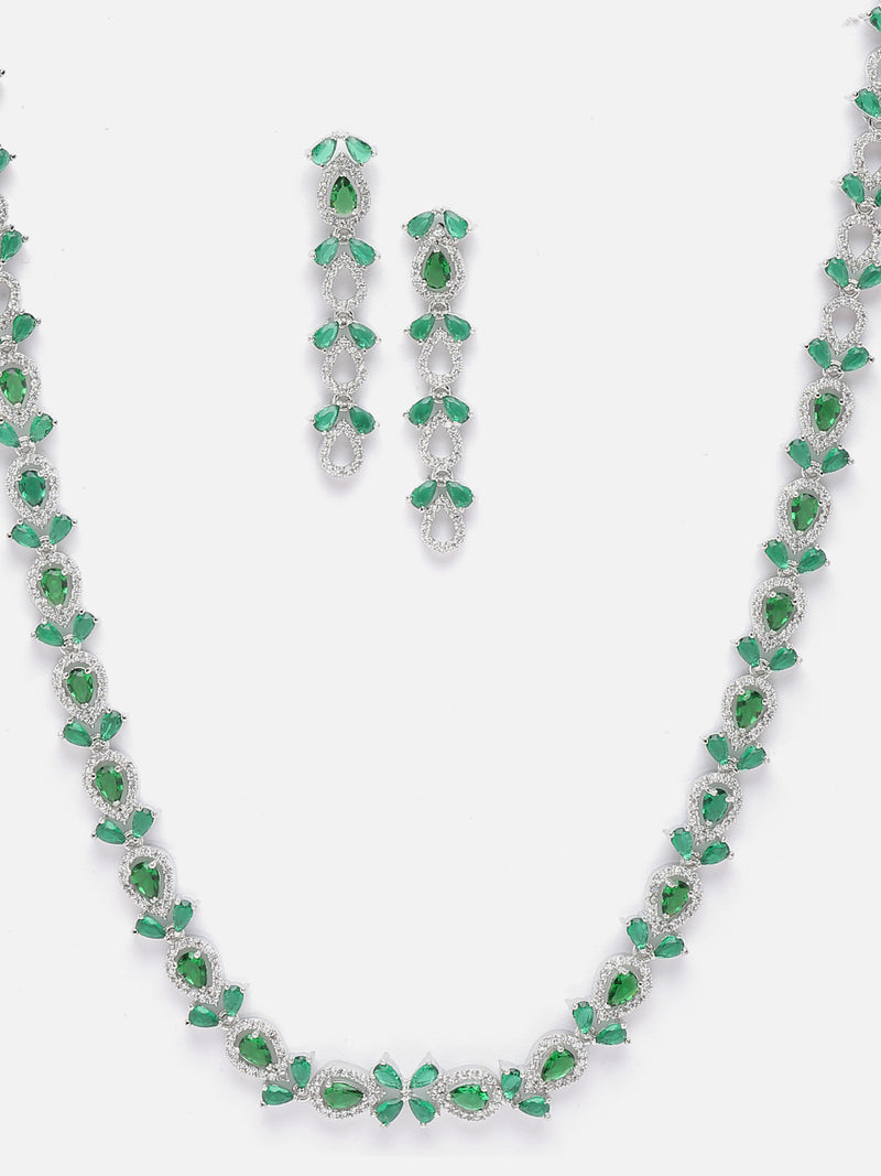 Rhodium-Plated Silver Toned Leaf Green American Diamond Studded Long Necklace with Drop Earrings Jewellery Set