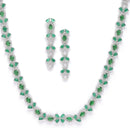 Rhodium-Plated Silver Toned Leaf Green American Diamond Studded Long Necklace with Drop Earrings Jewellery Set