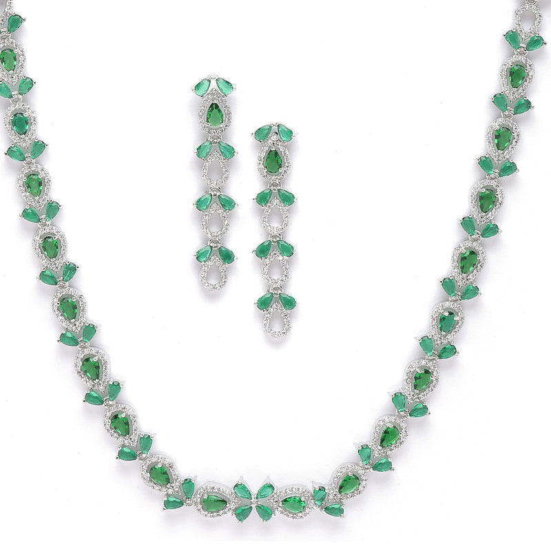 Rhodium-Plated Silver Toned Leaf Green American Diamond Studded Long Necklace with Drop Earrings Jewellery Set