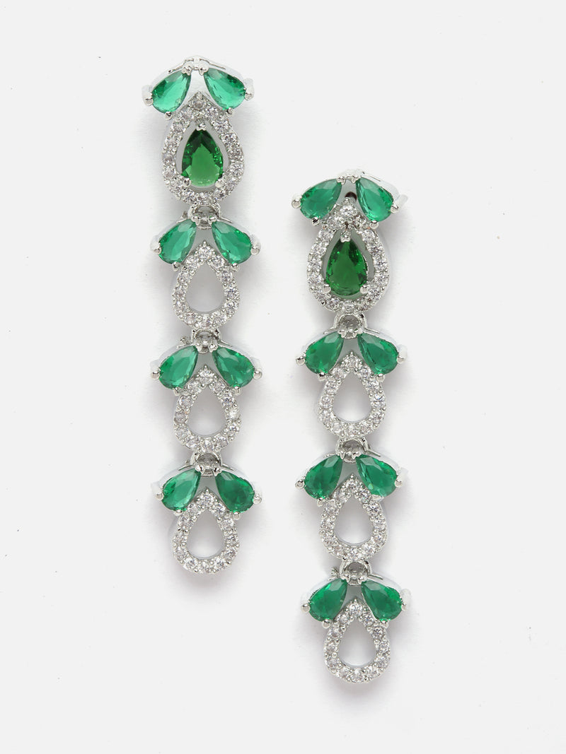 Rhodium-Plated Silver Toned Leaf Green American Diamond Studded Long Necklace with Drop Earrings Jewellery Set