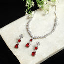 Rhodium-Plated Red Square American Diamonds Studded Pendulous Necklace & Earrings Jewellery Set