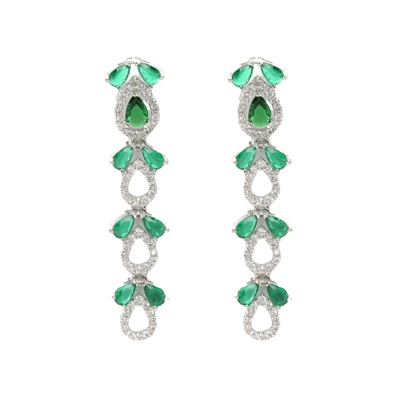 Rhodium-Plated Silver Toned Leaf Green American Diamond Studded Long Necklace with Drop Earrings Jewellery Set