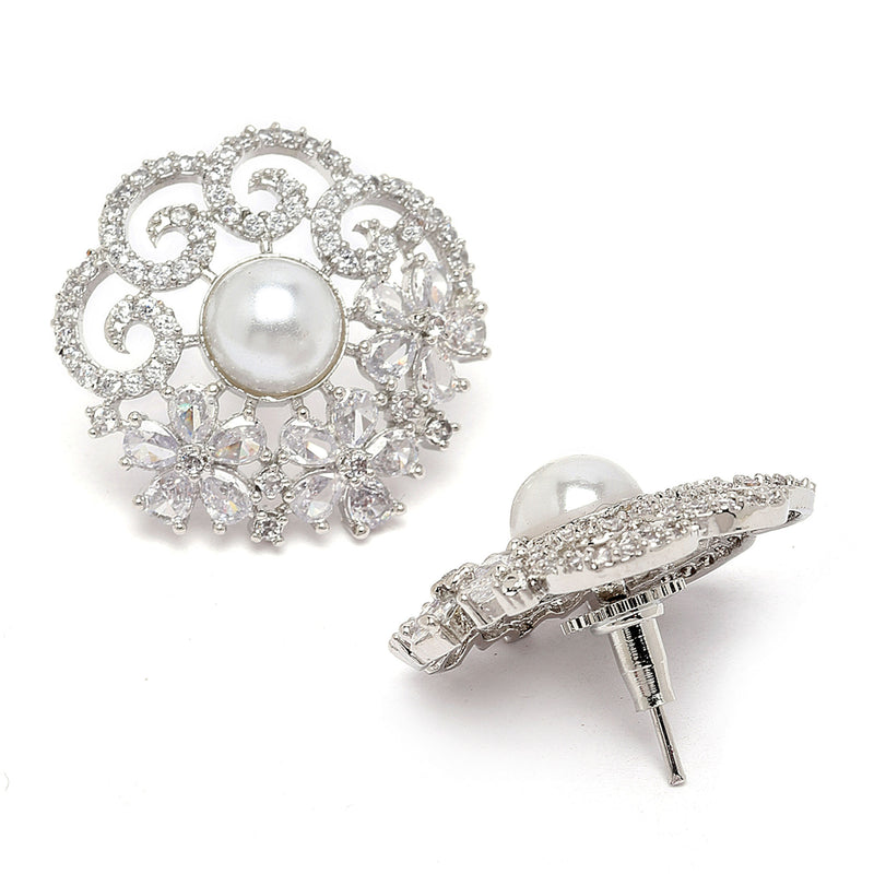 Rhodium-Plated Silver Toned White American Diamond studded Floral Shaped Studs Earrings