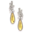 Rhodium-Plated Yellow American Diamond studded Teardrop & Leaf Shaped Drop Earrings