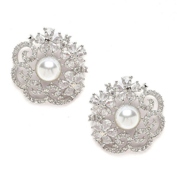Rhodium-Plated Silver Toned White American Diamond studded Floral Shaped Studs Earrings