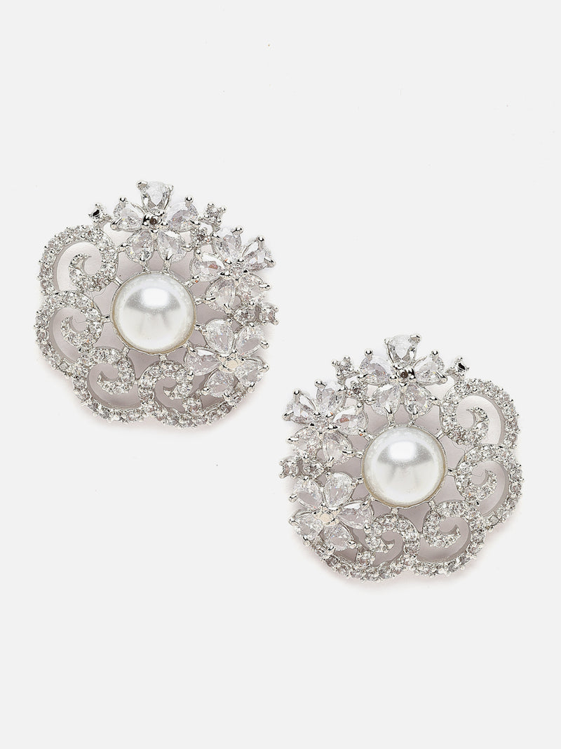 Rhodium-Plated Silver Toned White American Diamond studded Floral Shaped Studs Earrings