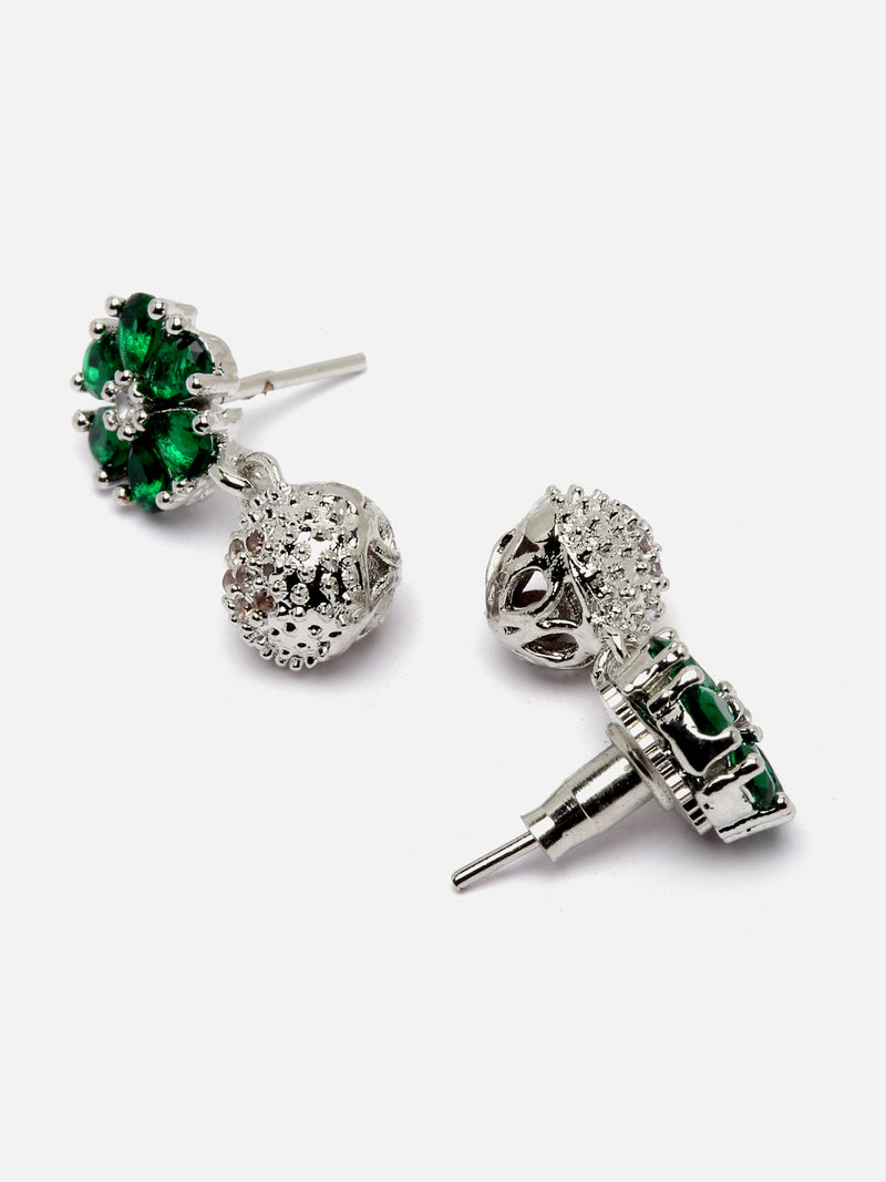 Rhodium-Plated Silver Toned Green Cubic Zirconia studded Floral Shaped Cute Pendant with Earrings