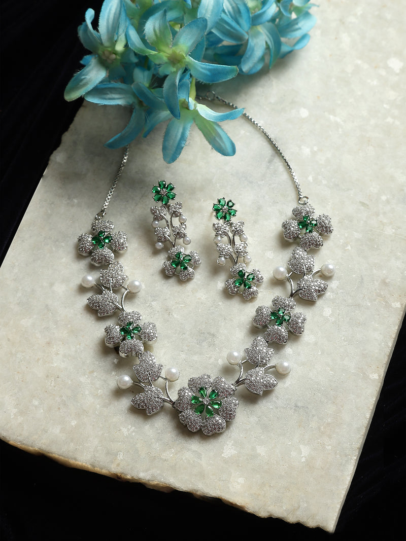 Rhodium-Plated Green Cubic Zirconia Studded Floral Theme Necklace & Earrings Jewellery Set
