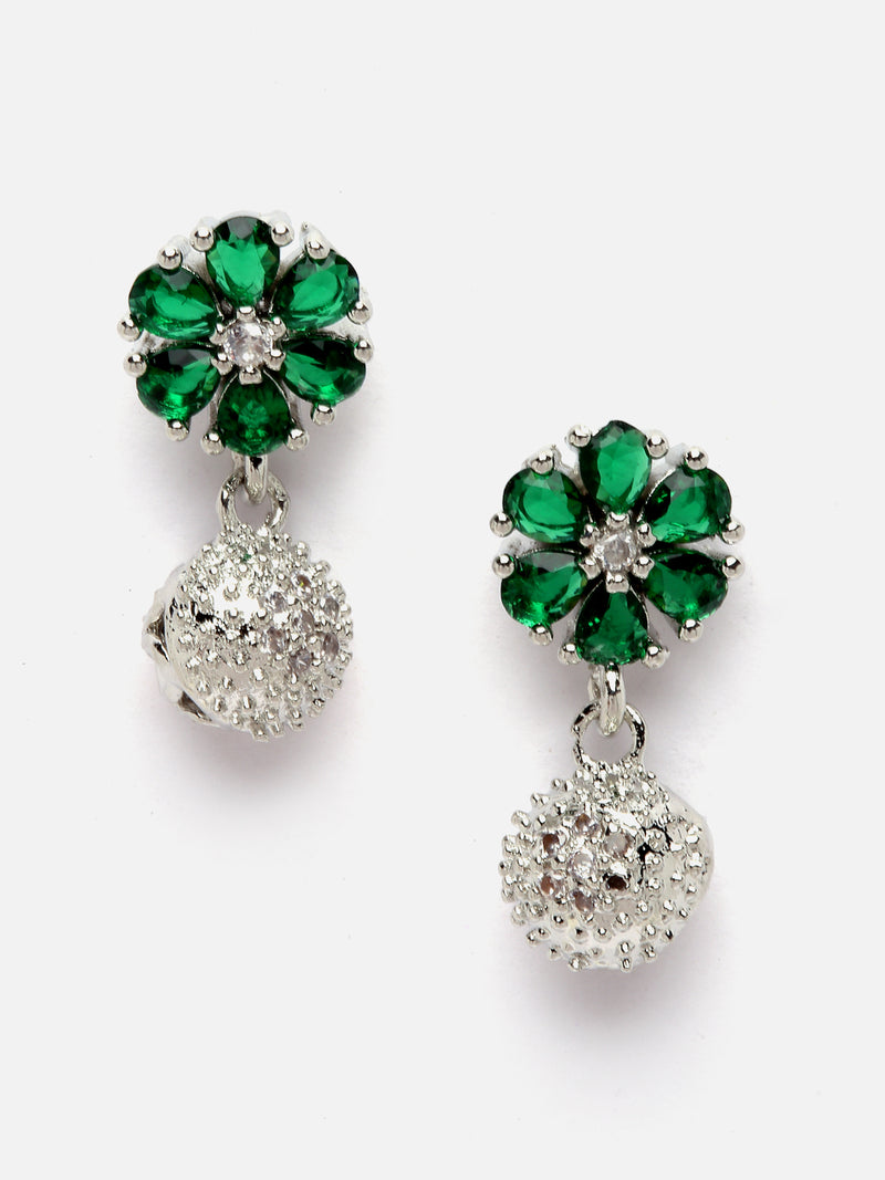 Rhodium-Plated Silver Toned Green Cubic Zirconia studded Floral Shaped Cute Pendant with Earrings