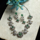 Rhodium-Plated Green Cubic Zirconia Studded Floral Theme Necklace & Earrings Jewellery Set