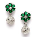 Rhodium-Plated Silver Toned Green Cubic Zirconia studded Floral Shaped Cute Pendant with Earrings