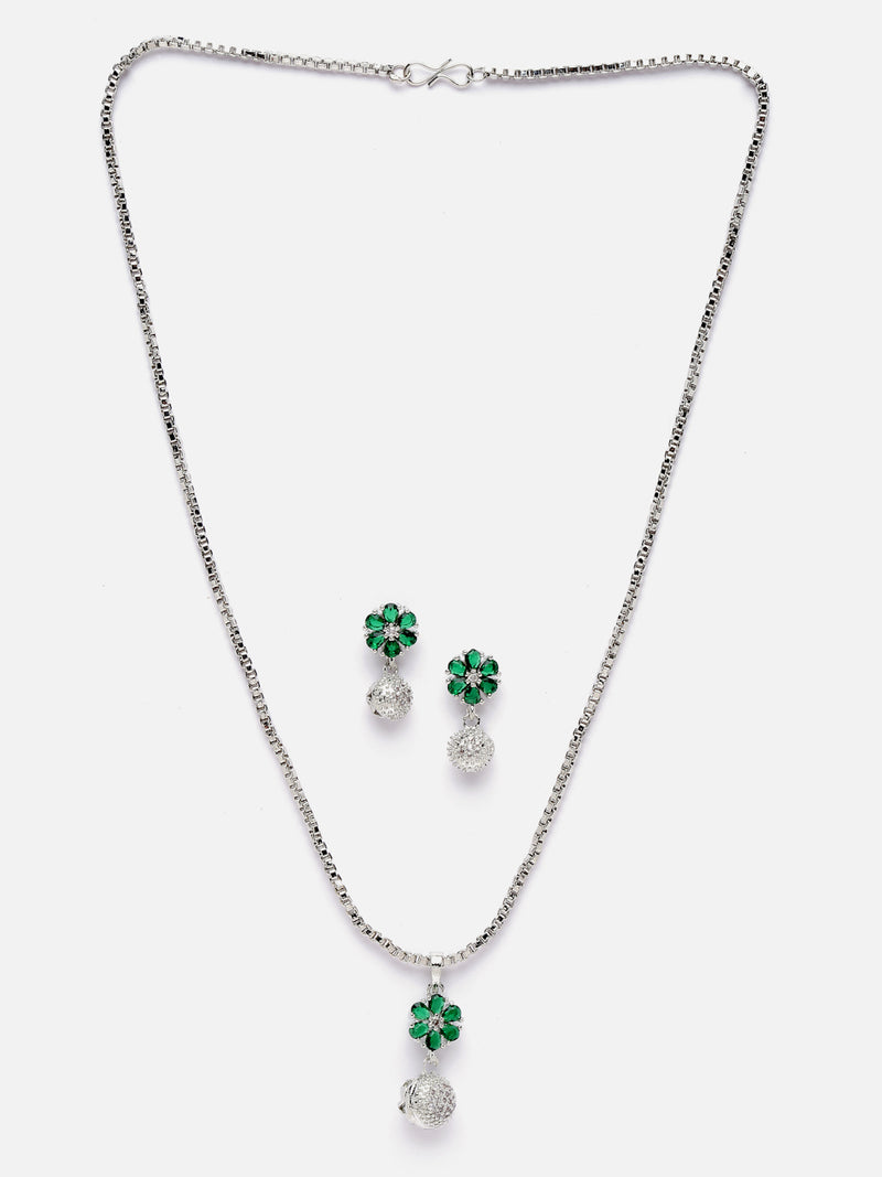 Rhodium-Plated Silver Toned Green Cubic Zirconia studded Floral Shaped Cute Pendant with Earrings