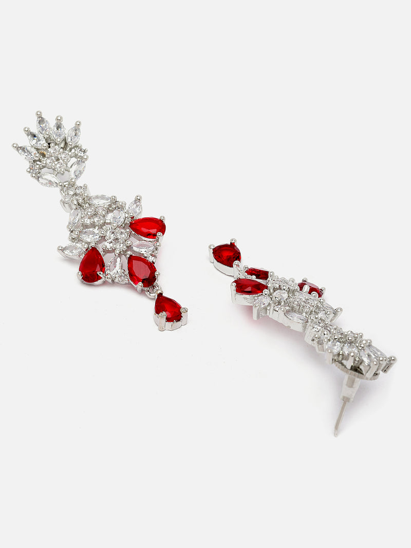 Rhodium-Plated Silver Toned Red American Diamond studded Spiked Shaped Drop Earrings