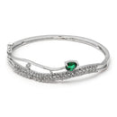 Rhodium Plated Silver Toned Emerald-Green Teardrop American Diamond  Stone Studded Kada Bracelet